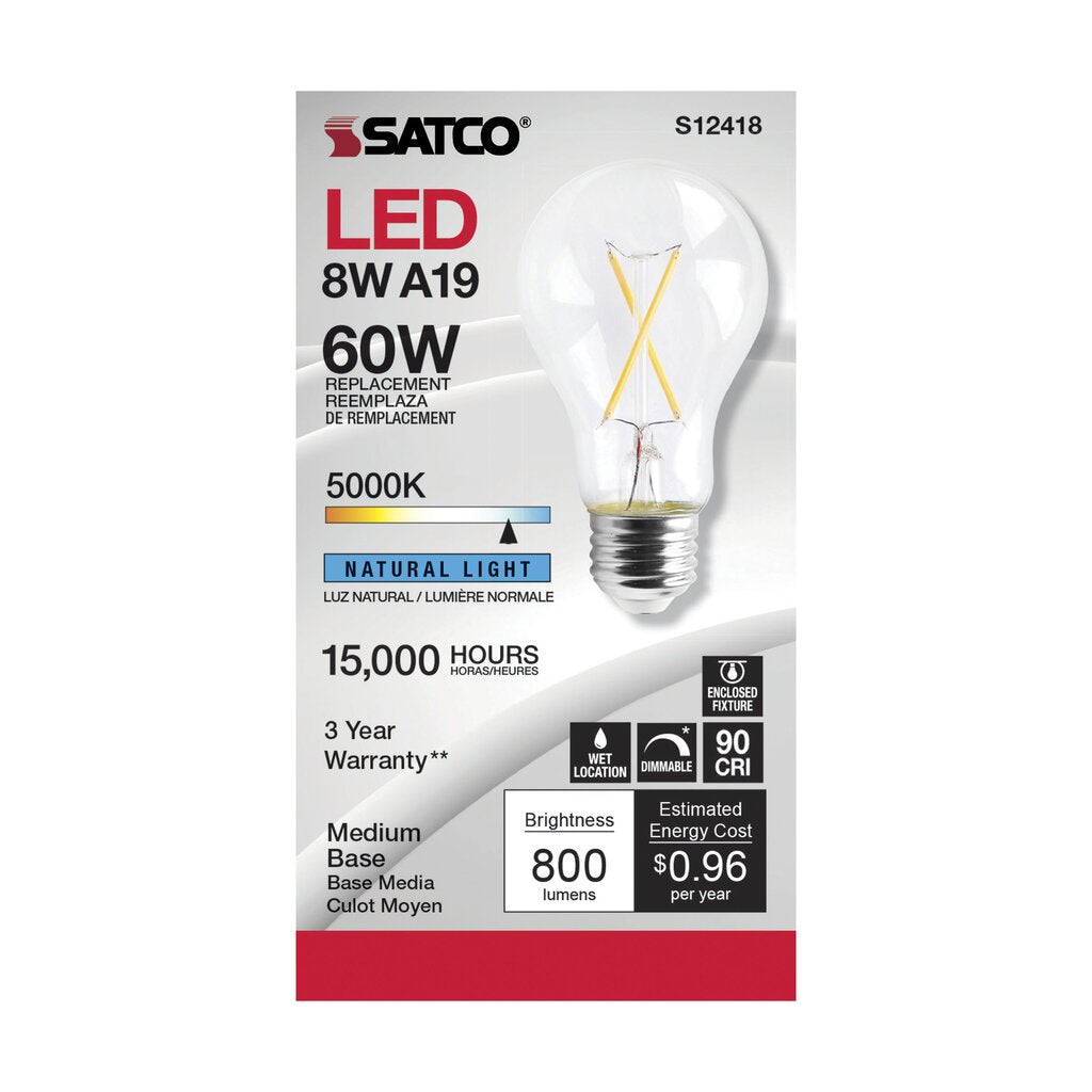 6 pack - Satco S12418 8W A19 5000K LED Light Bulb