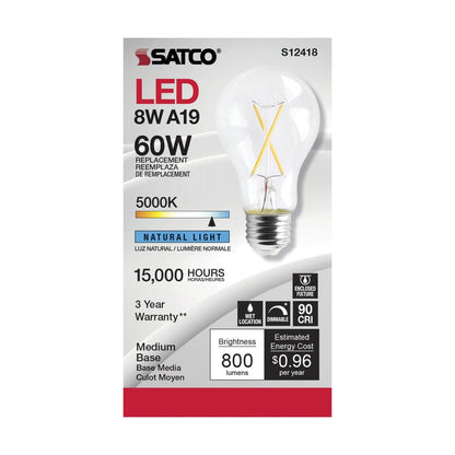 6 pack - Satco S12418 8W A19 5000K LED Light Bulb