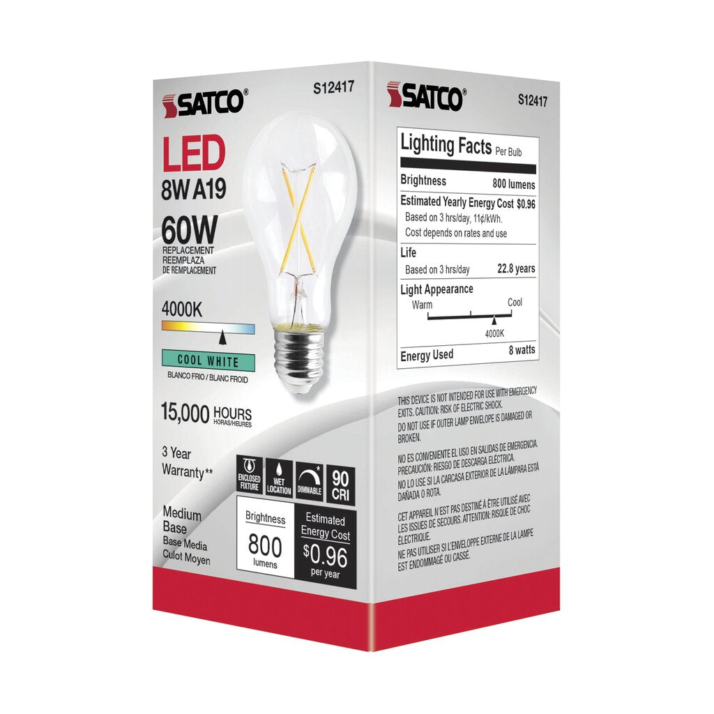 6 pack - Satco S12417 8W A19 LED Light Bulb