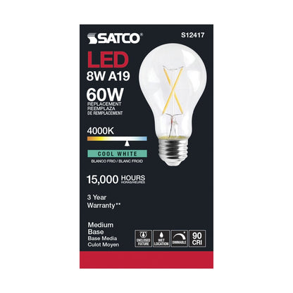6 pack - Satco S12417 8W A19 LED Light Bulb