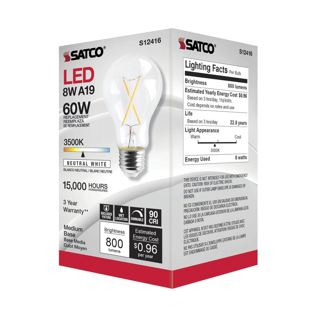 Satco S12416 8W A19 3500K LED Light Bulb