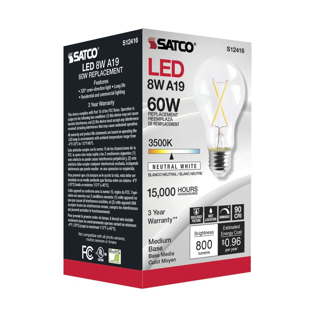 Satco S12416 8W A19 3500K LED Light Bulb