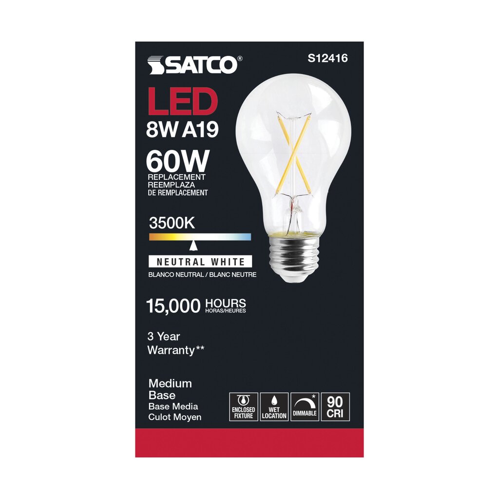 Satco S12416 8W A19 3500K LED Light Bulb