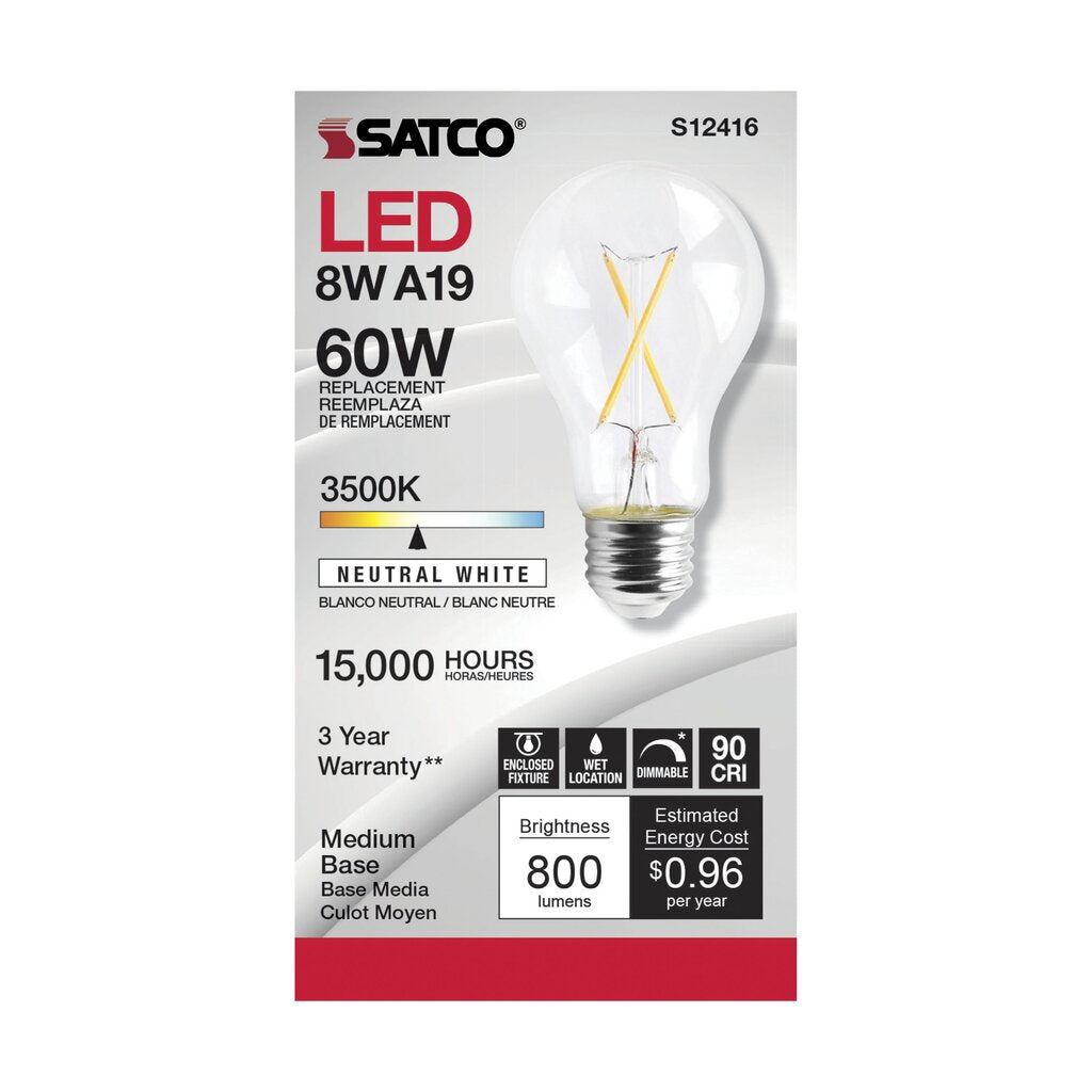 Satco S12416 8W A19 3500K LED Light Bulb