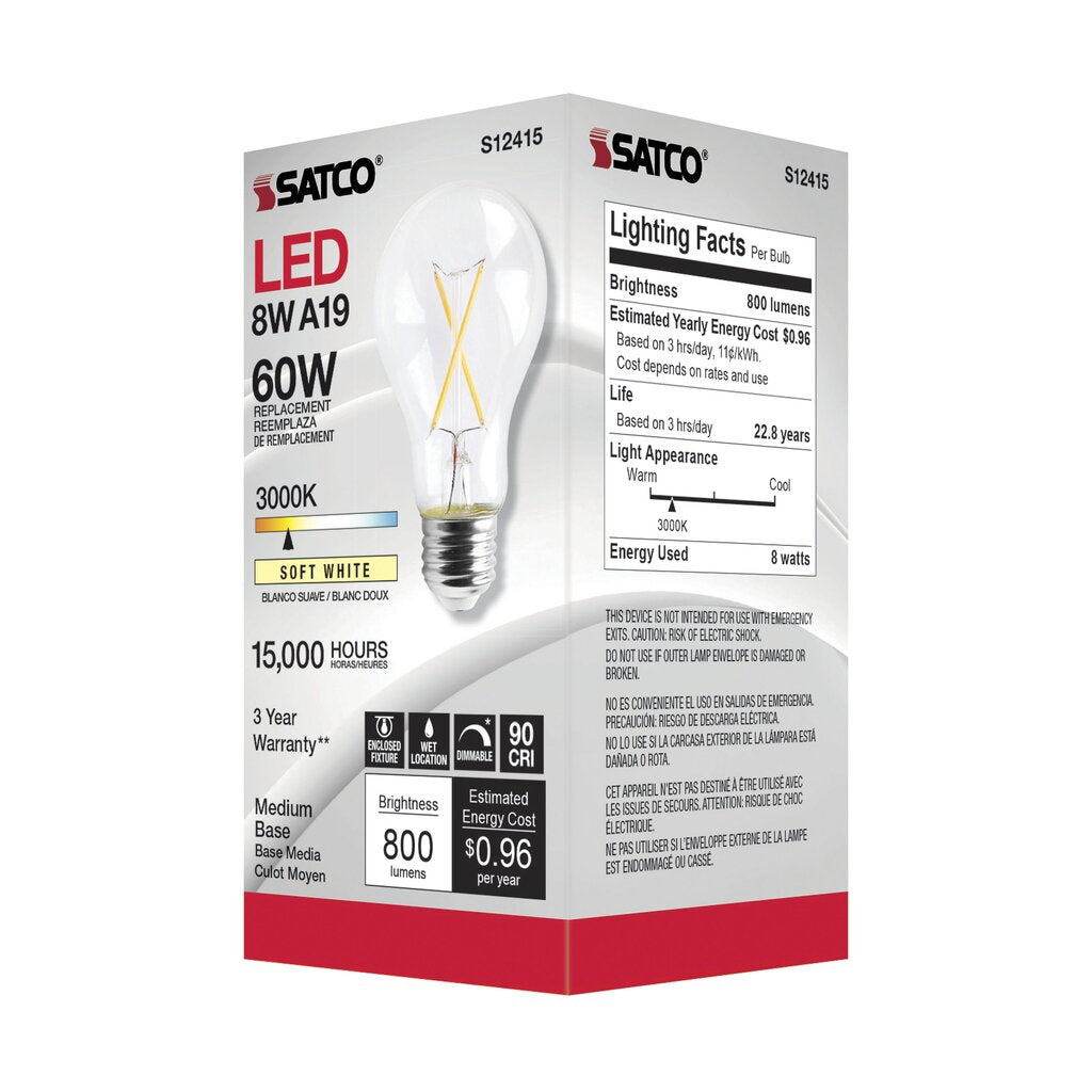 6 pack - Satco S12415 8W A19 LED Light Bulb