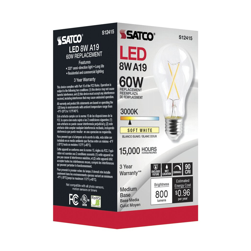 6 pack - Satco S12415 8W A19 LED Light Bulb