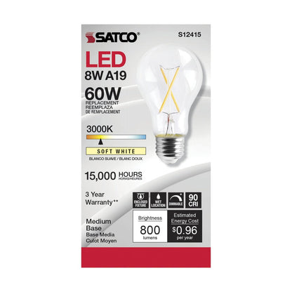 6 pack - Satco S12415 8W A19 LED Light Bulb