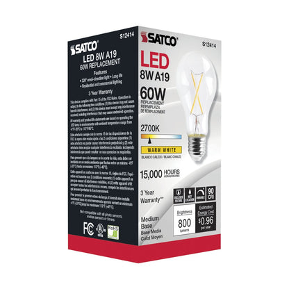 6 pack - Satco S12414 8W A19 LED Light Bulb