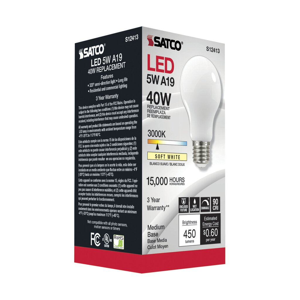 6 pack - Satco S12413 5W A19 LED Light Bulb