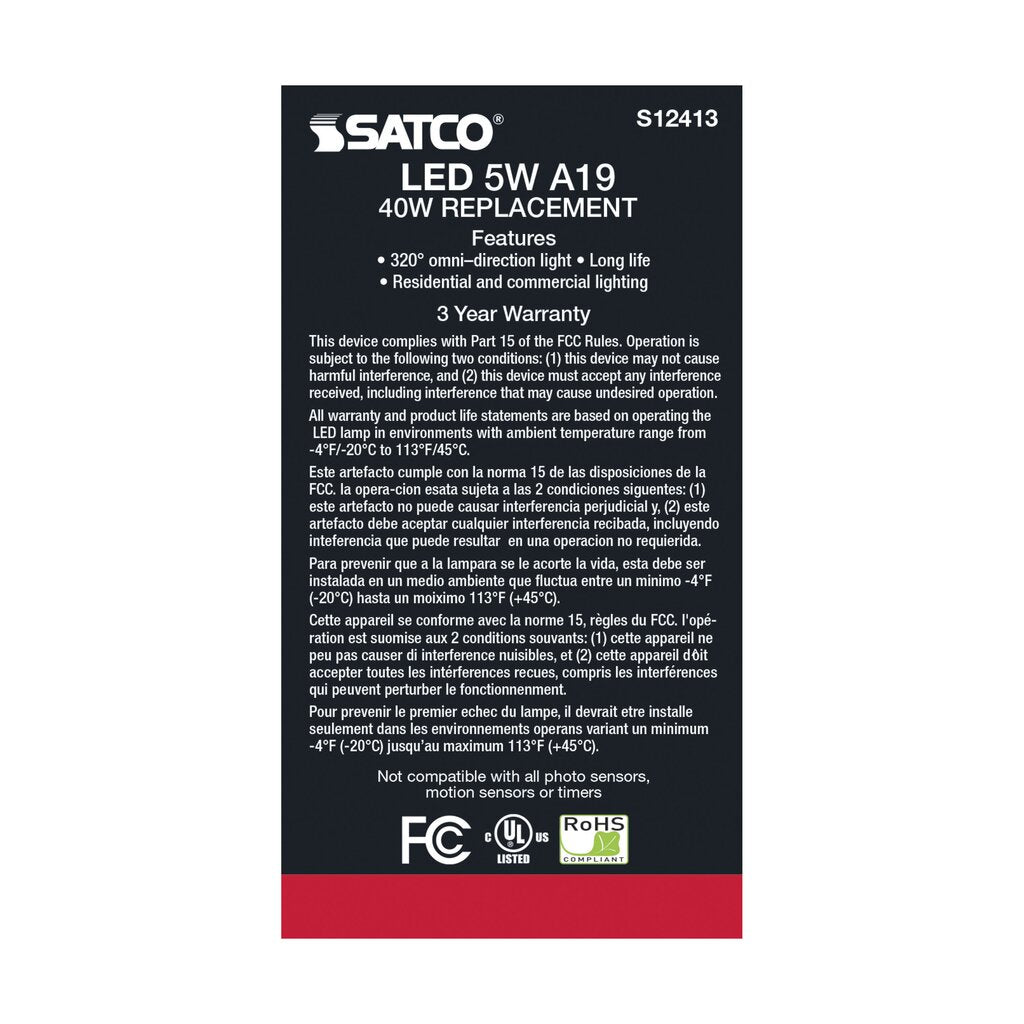 6 pack - Satco S12413 5W A19 LED Light Bulb