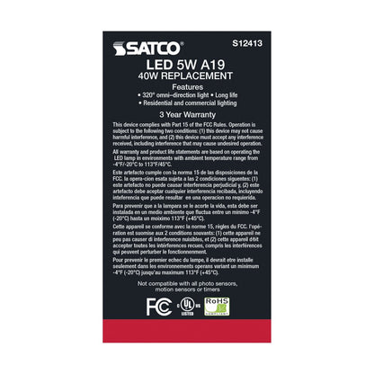 6 pack - Satco S12413 5W A19 LED Light Bulb