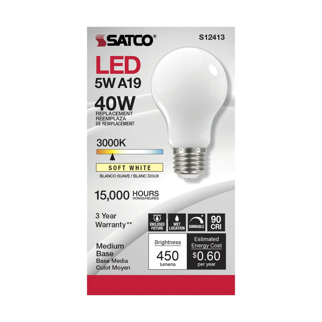 6 pack - Satco S12413 5W A19 LED Light Bulb