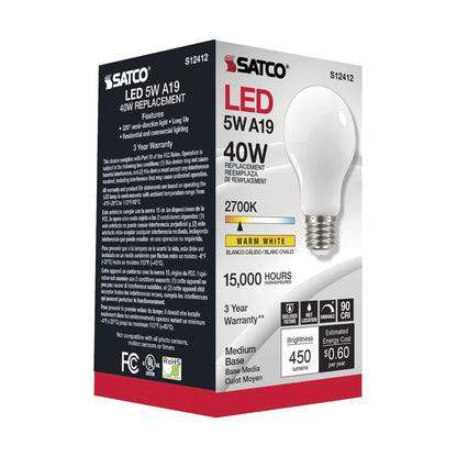 6 pack - Satco S12412 5W A19 LED Light Bulb