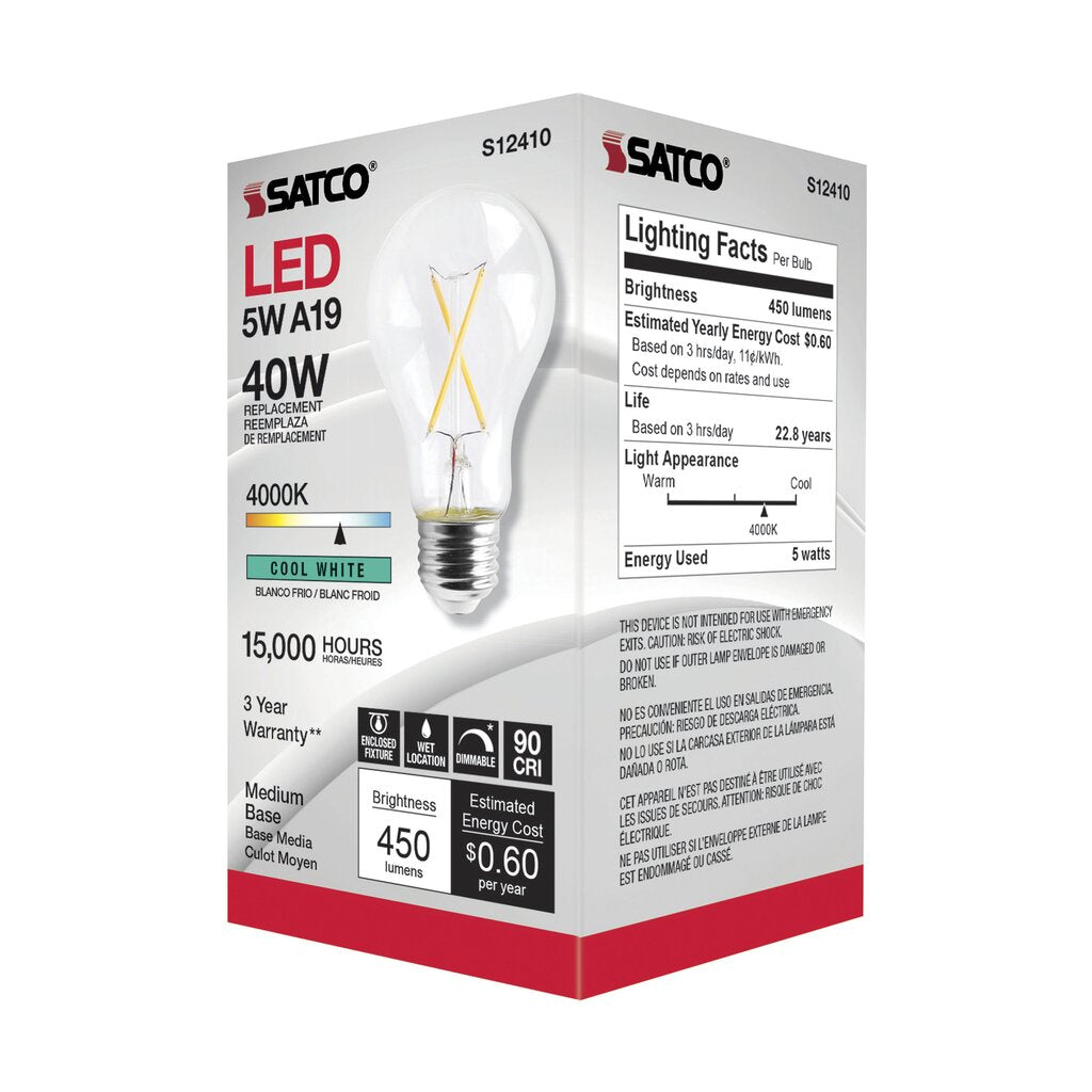 6 pack - Satco S12410 5W A19 Cool White LED Light Bulb
