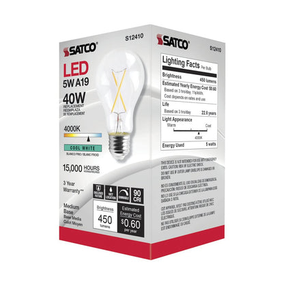 6 pack - Satco S12410 5W A19 Cool White LED Light Bulb