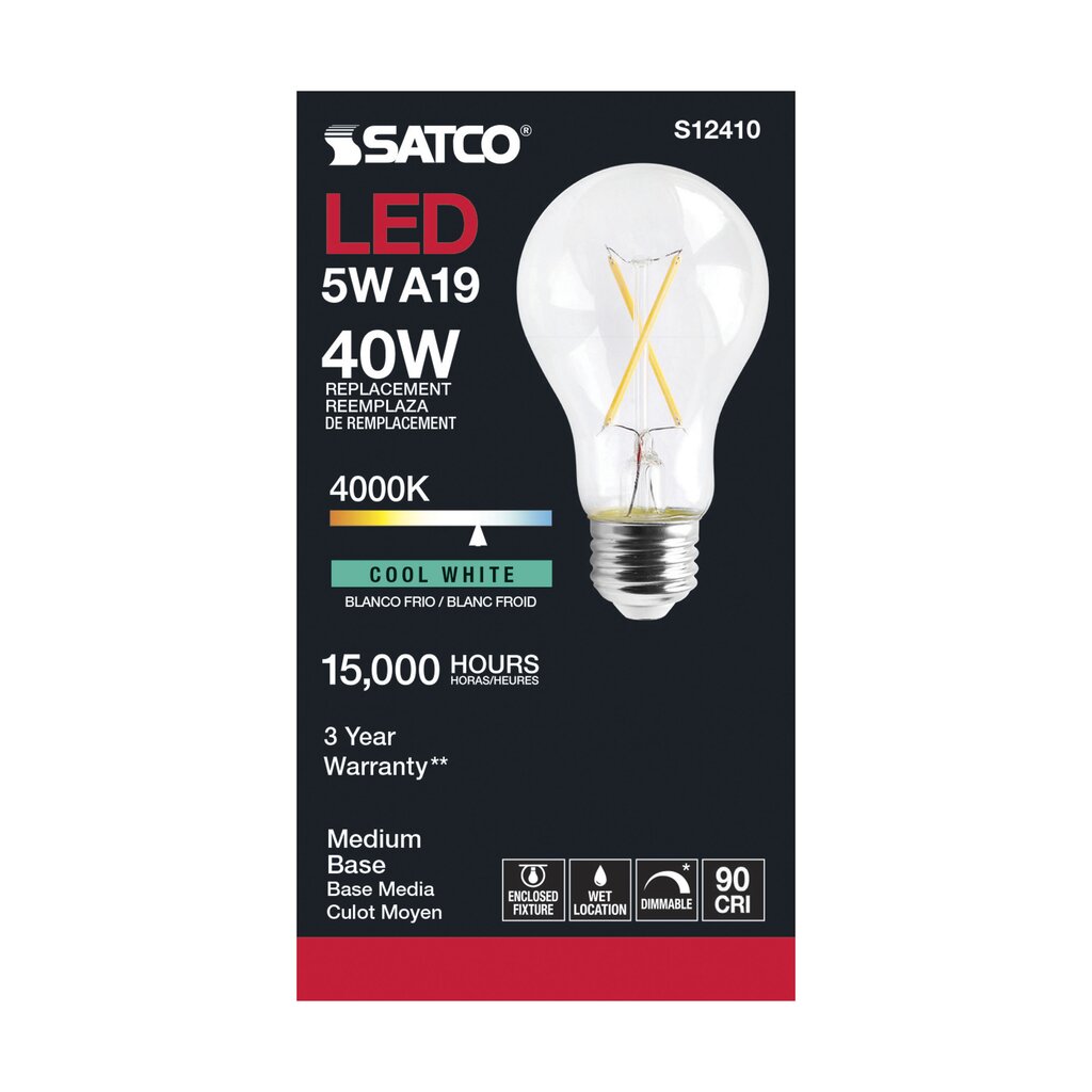 6 pack - Satco S12410 5W A19 Cool White LED Light Bulb