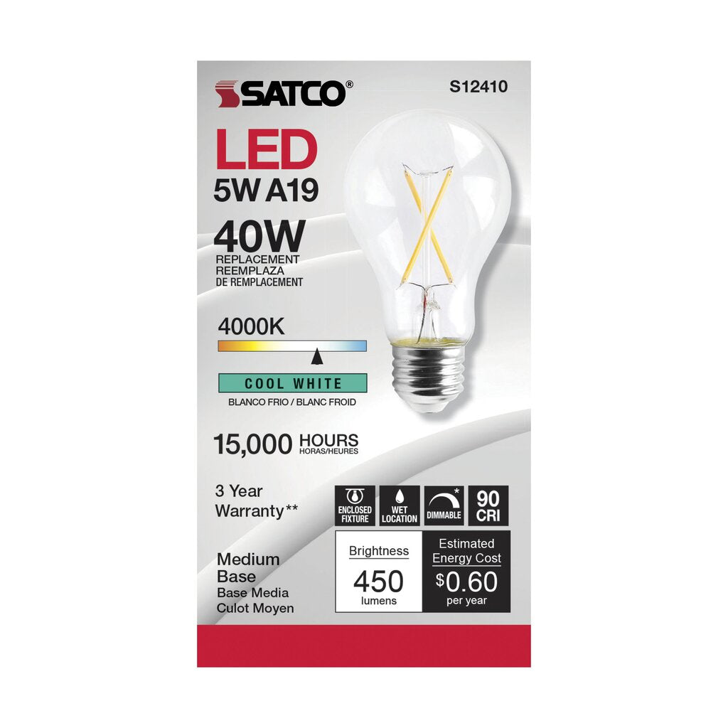 6 pack - Satco S12410 5W A19 Cool White LED Light Bulb
