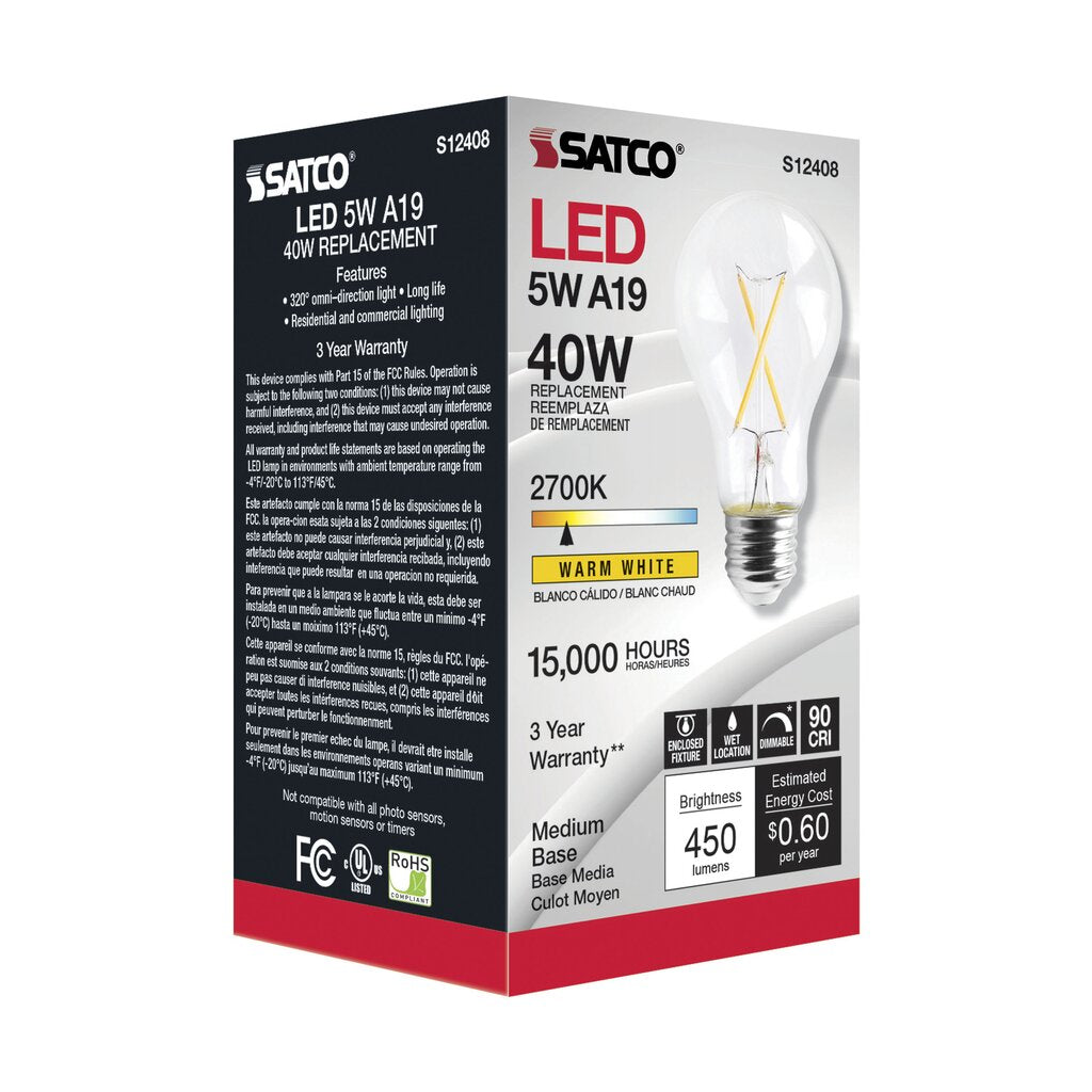 6 pack - Satco S12408 5W A19 LED Light Bulb