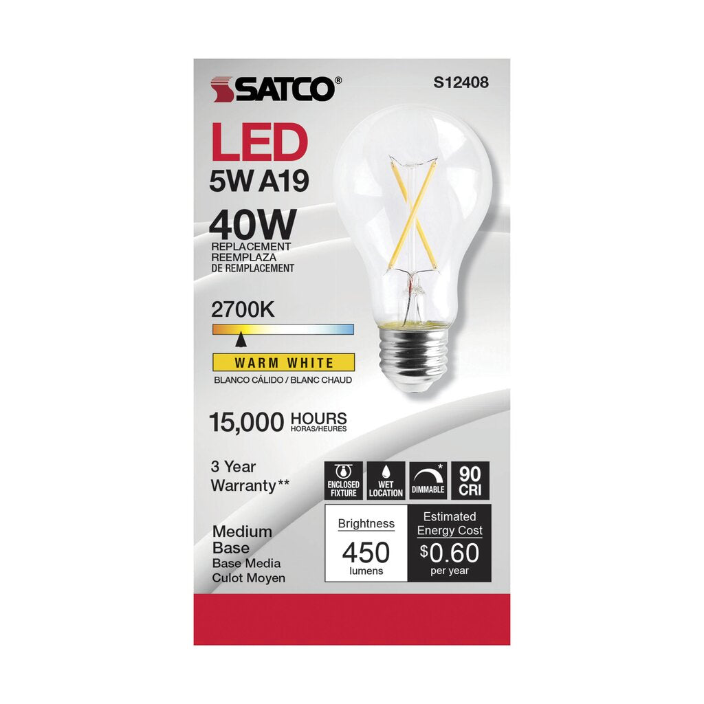6 pack - Satco S12408 5W A19 LED Light Bulb