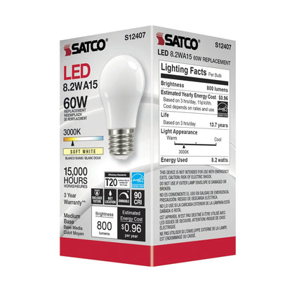 6 pack - Satco S12407 8.2W A15 Soft White LED Light Bulb