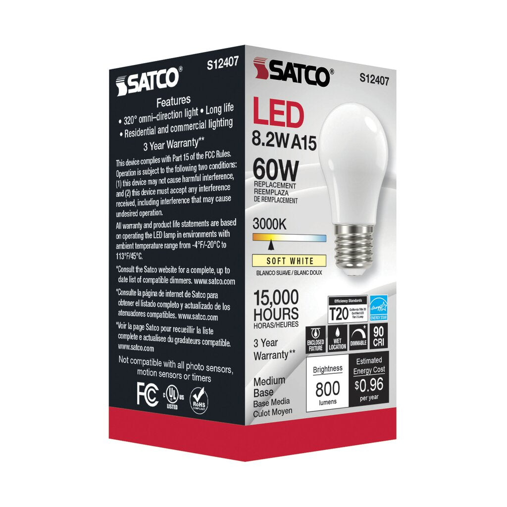 6 pack - Satco S12407 8.2W A15 Soft White LED Light Bulb