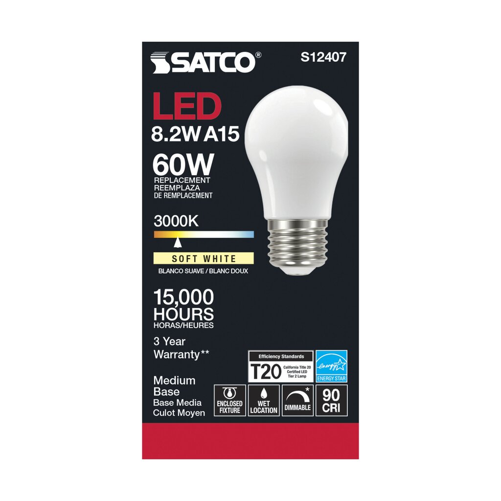 6 pack - Satco S12407 8.2W A15 Soft White LED Light Bulb