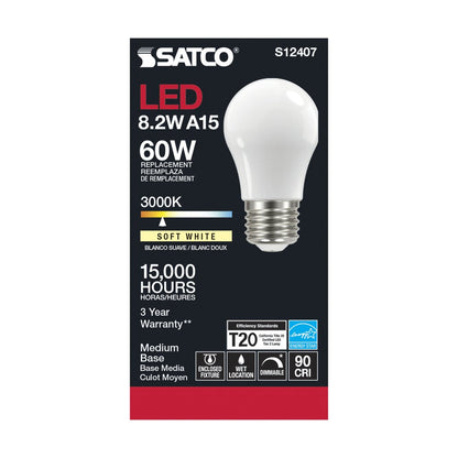 6 pack - Satco S12407 8.2W A15 Soft White LED Light Bulb