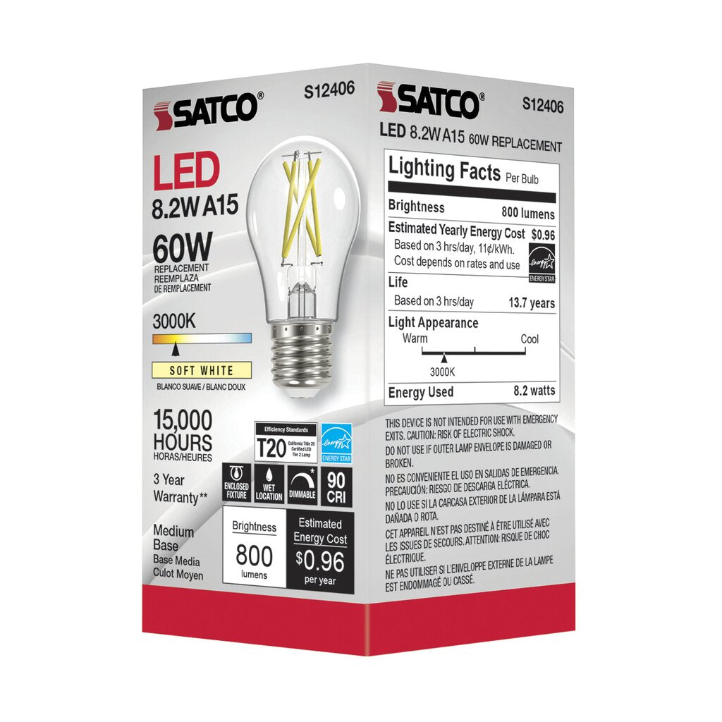 6 pack - Satco S12406 8.2W A15 LED Light Bulb