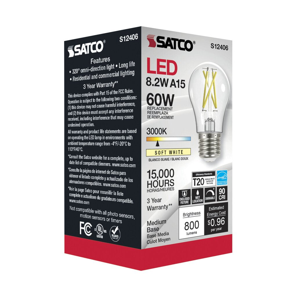 6 pack - Satco S12406 8.2W A15 LED Light Bulb