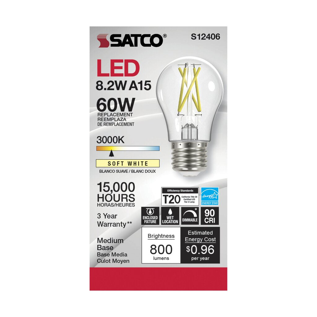 6 pack - Satco S12406 8.2W A15 LED Light Bulb