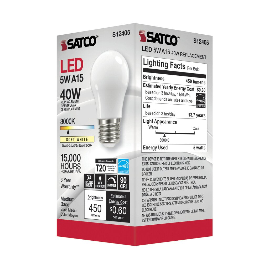 6 pack - Satco S12405 5W A15 LED Light Bulb
