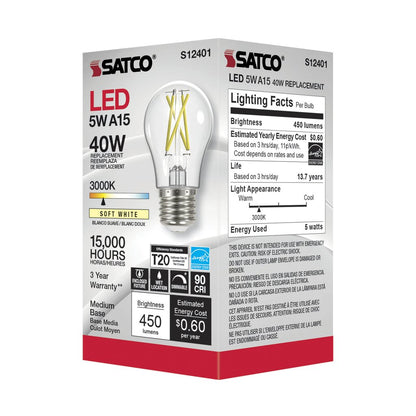 6 pack - Satco S12401 5W A15 Warm White LED Light Bulb