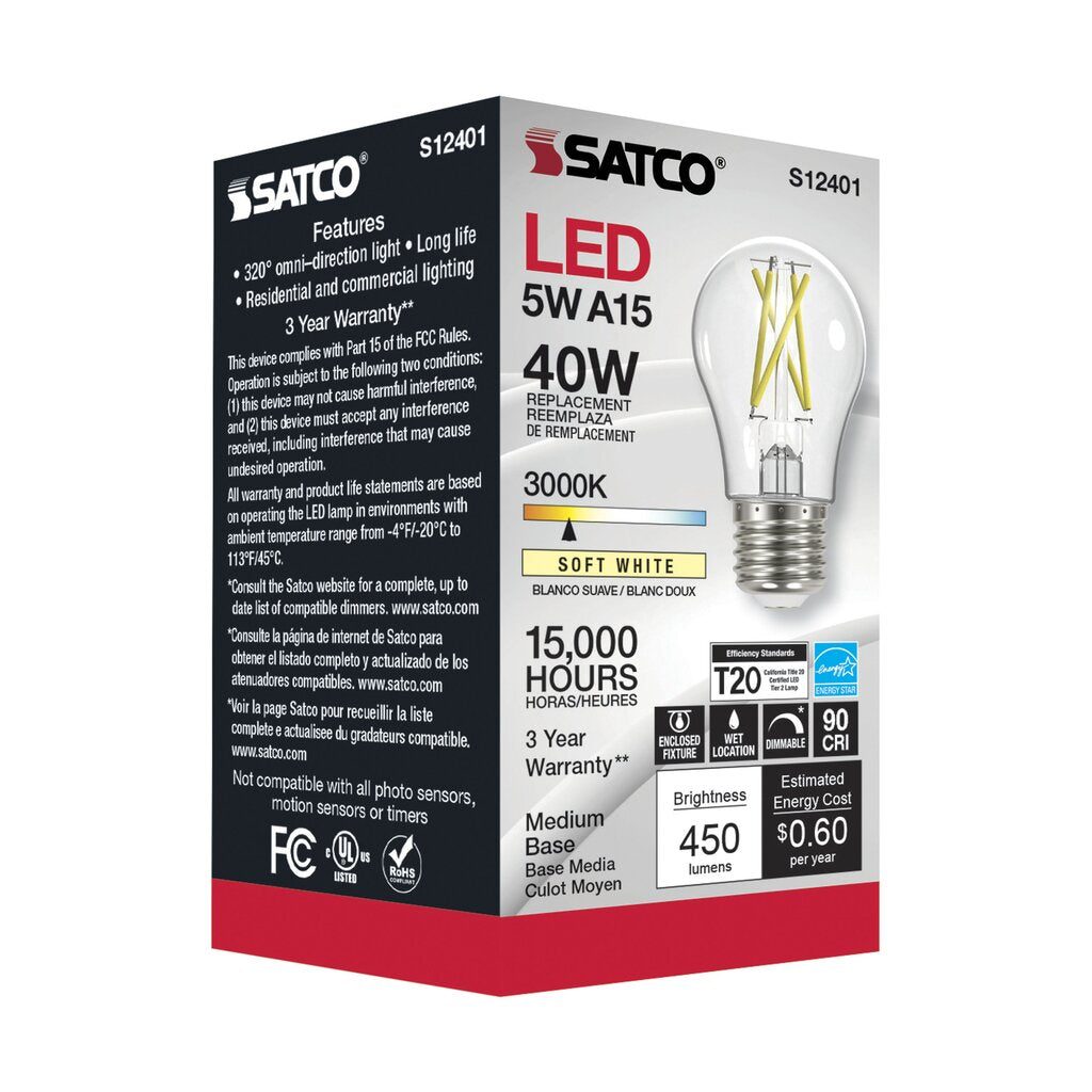 6 pack - Satco S12401 5W A15 Warm White LED Light Bulb