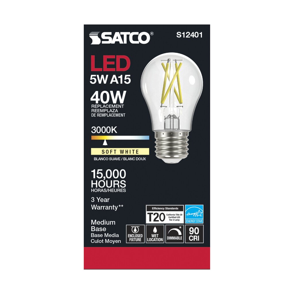 6 pack - Satco S12401 5W A15 Warm White LED Light Bulb