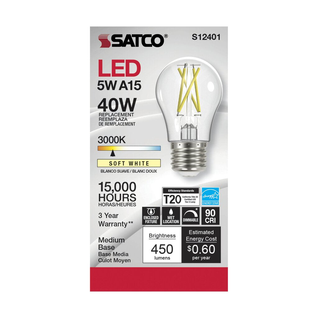 6 pack - Satco S12401 5W A15 Warm White LED Light Bulb