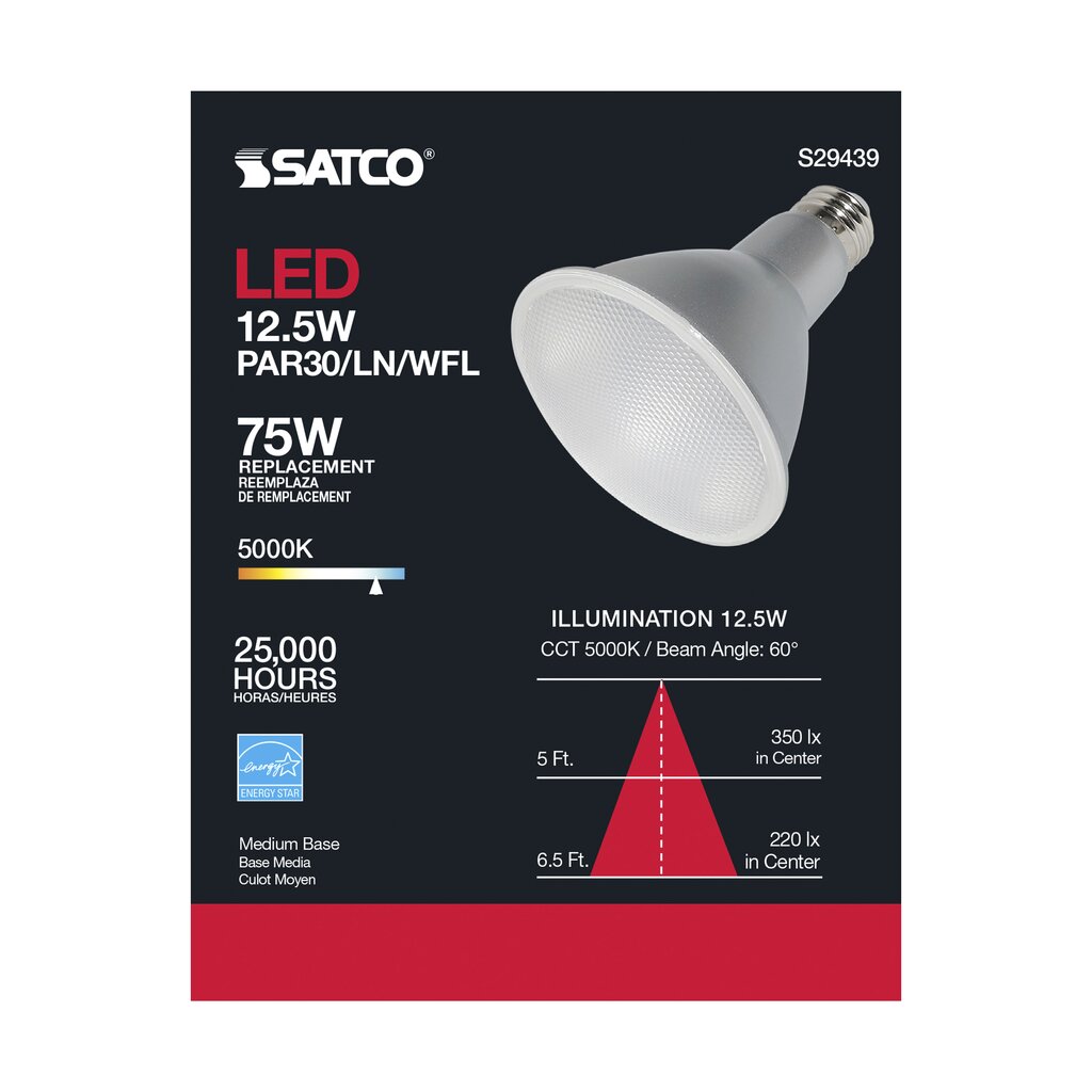 6 pack - Satco S29439 12.5W PAR30 Long LED Light Bulb