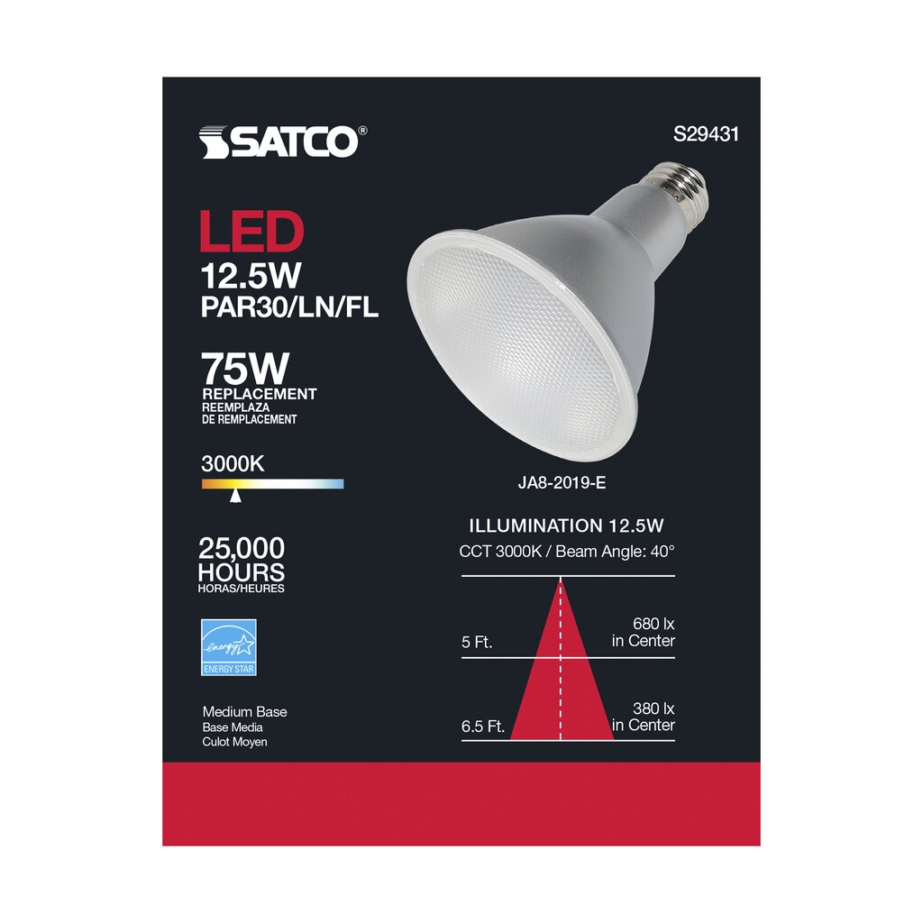 6 pack - Satco S29431 12.5W PAR30 Long Soft White LED Light Bulb