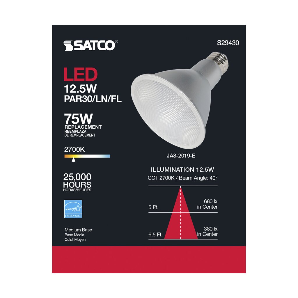 6 pack - Satco S29430 12.5W PAR30 Long Warm White LED Light Bulb