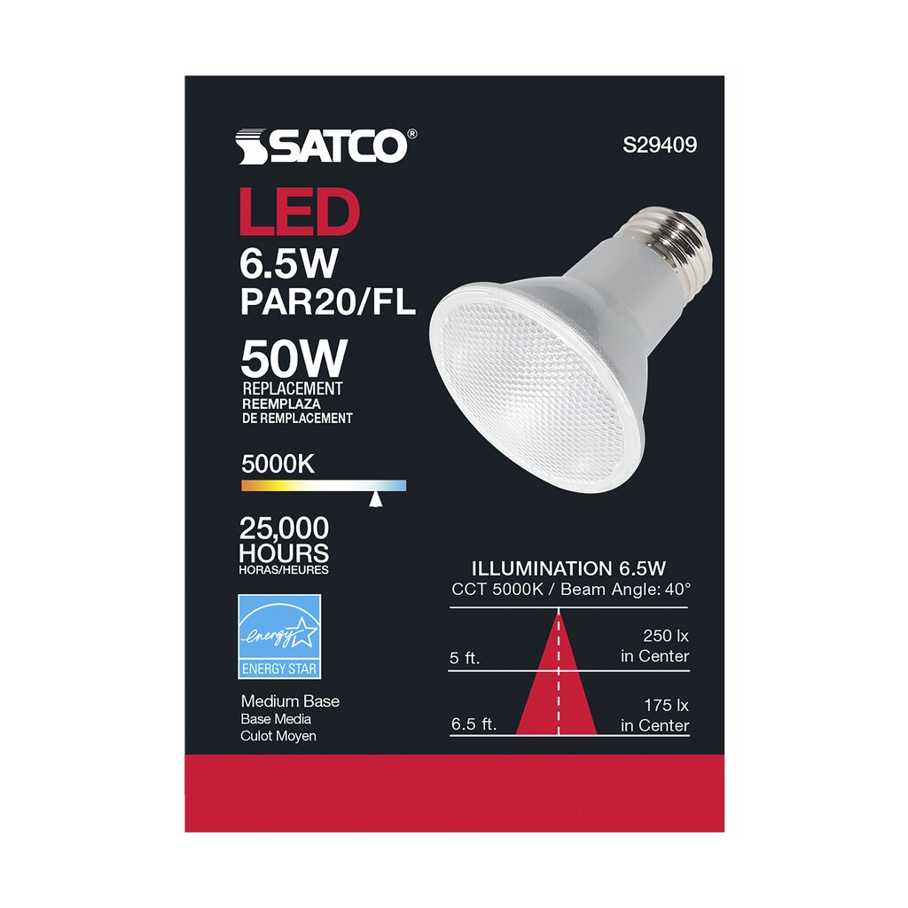 6 pack - Satco S29409 6.5W PAR20 LED Light Bulb