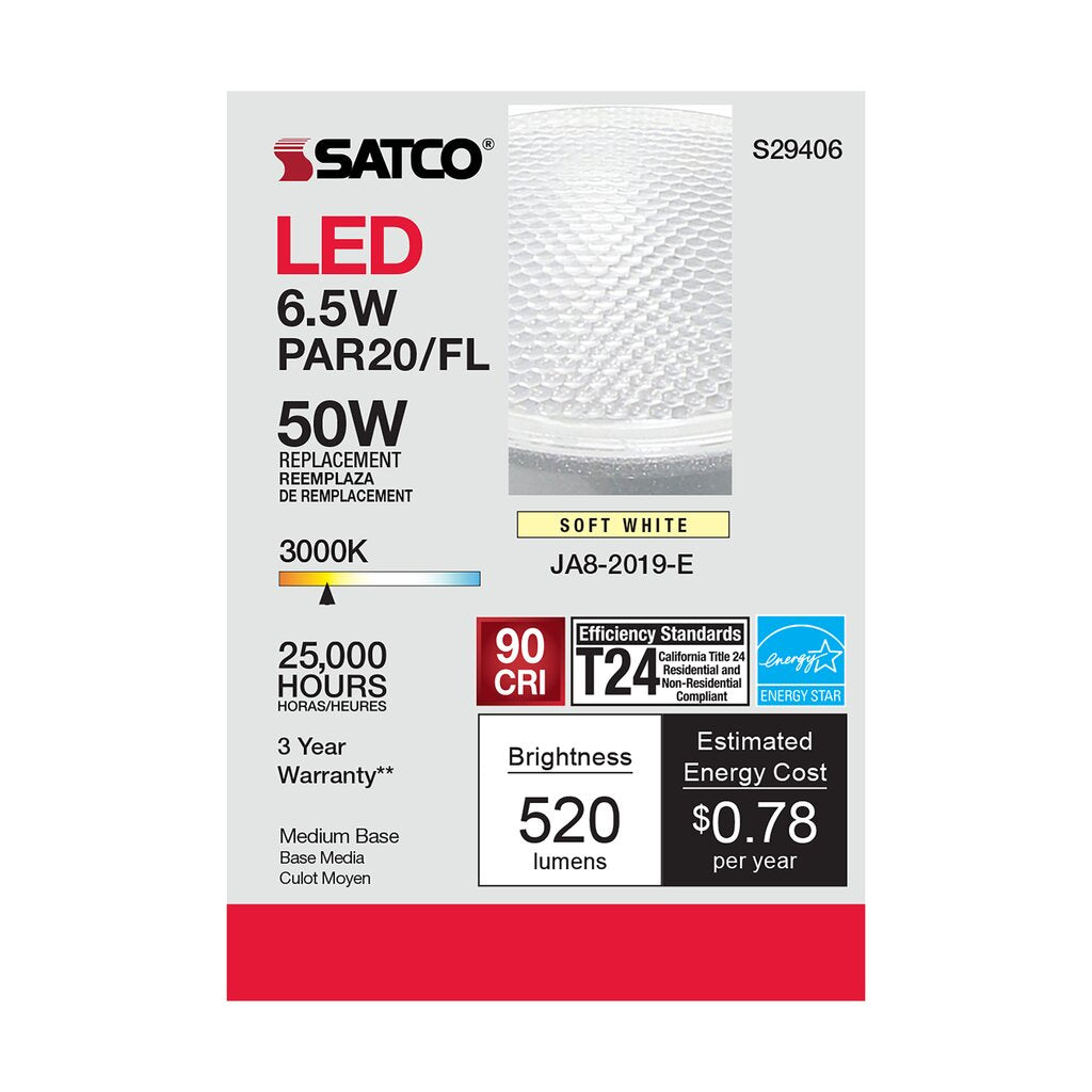 6 pack - Satco S29406 6.5W PAR20 LED Light Bulb