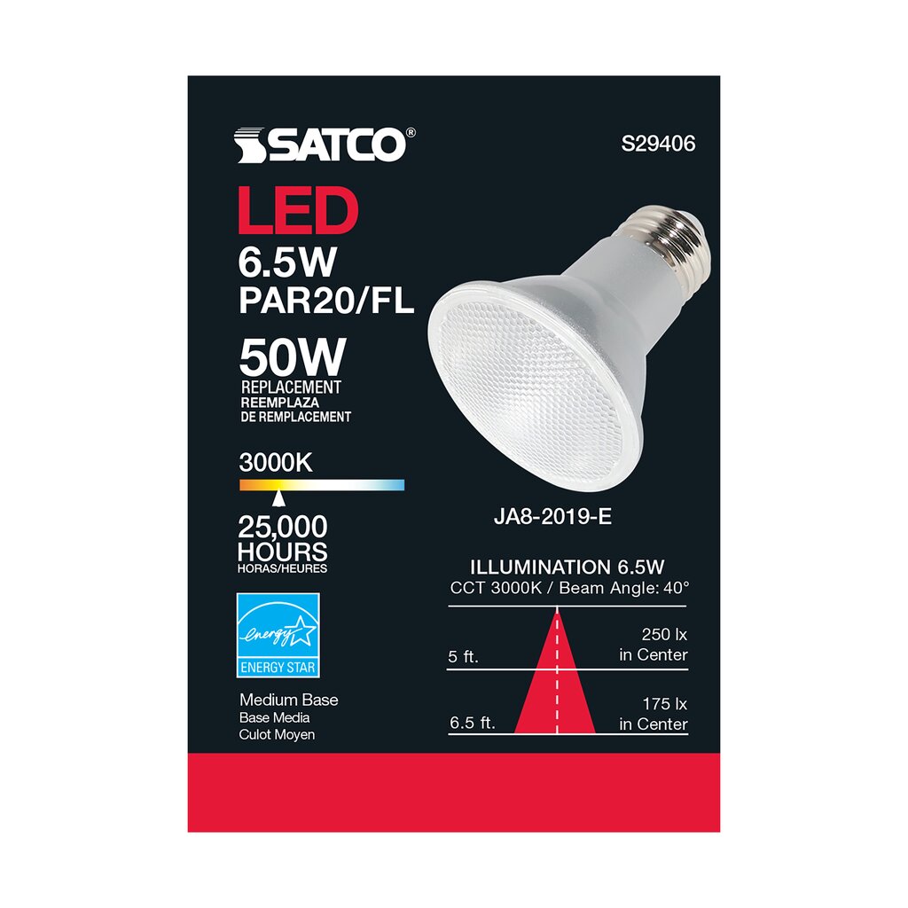 6 pack - Satco S29406 6.5W PAR20 LED Light Bulb