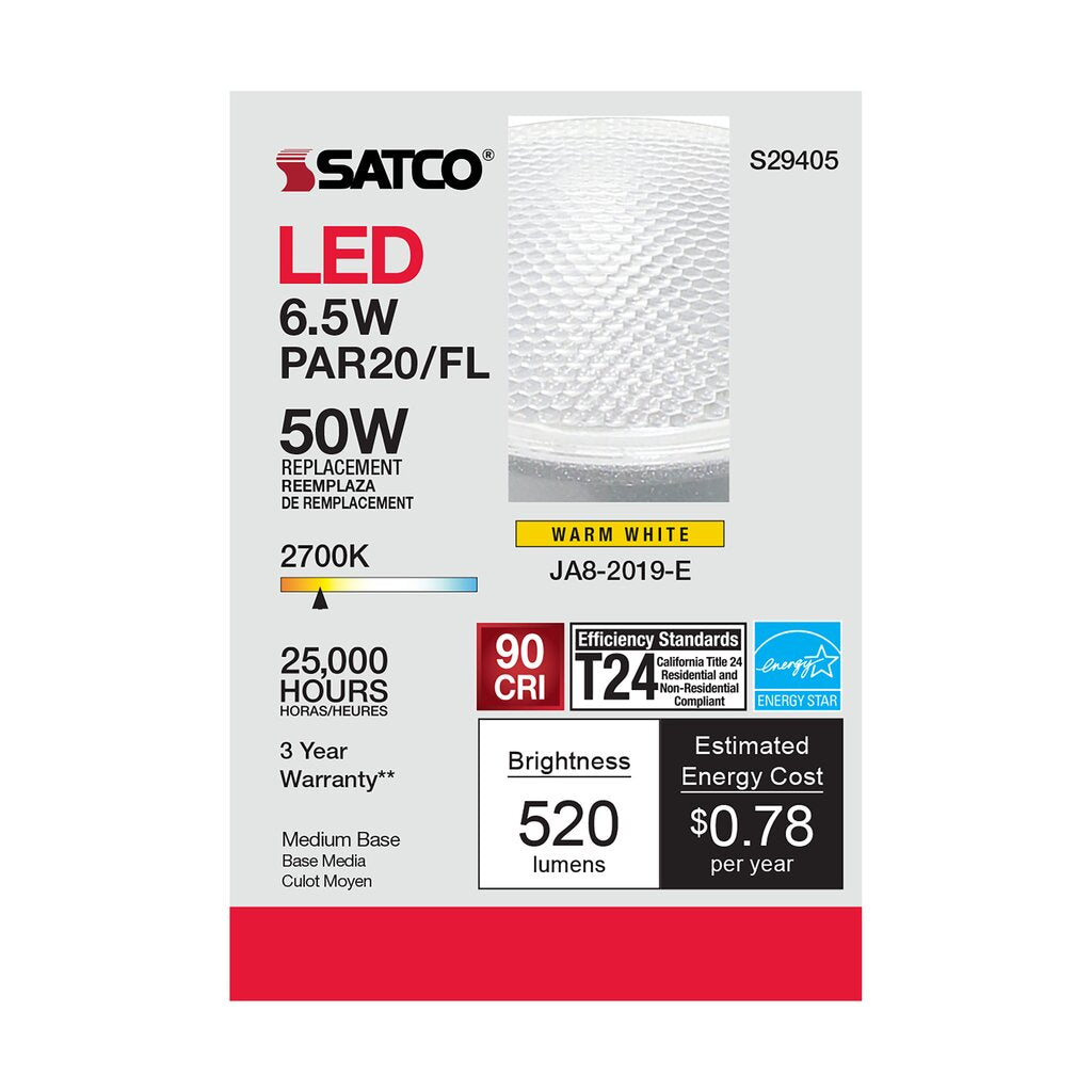 6 pack - Satco S29405 6.5W PAR20 Warm White LED Light Bulb