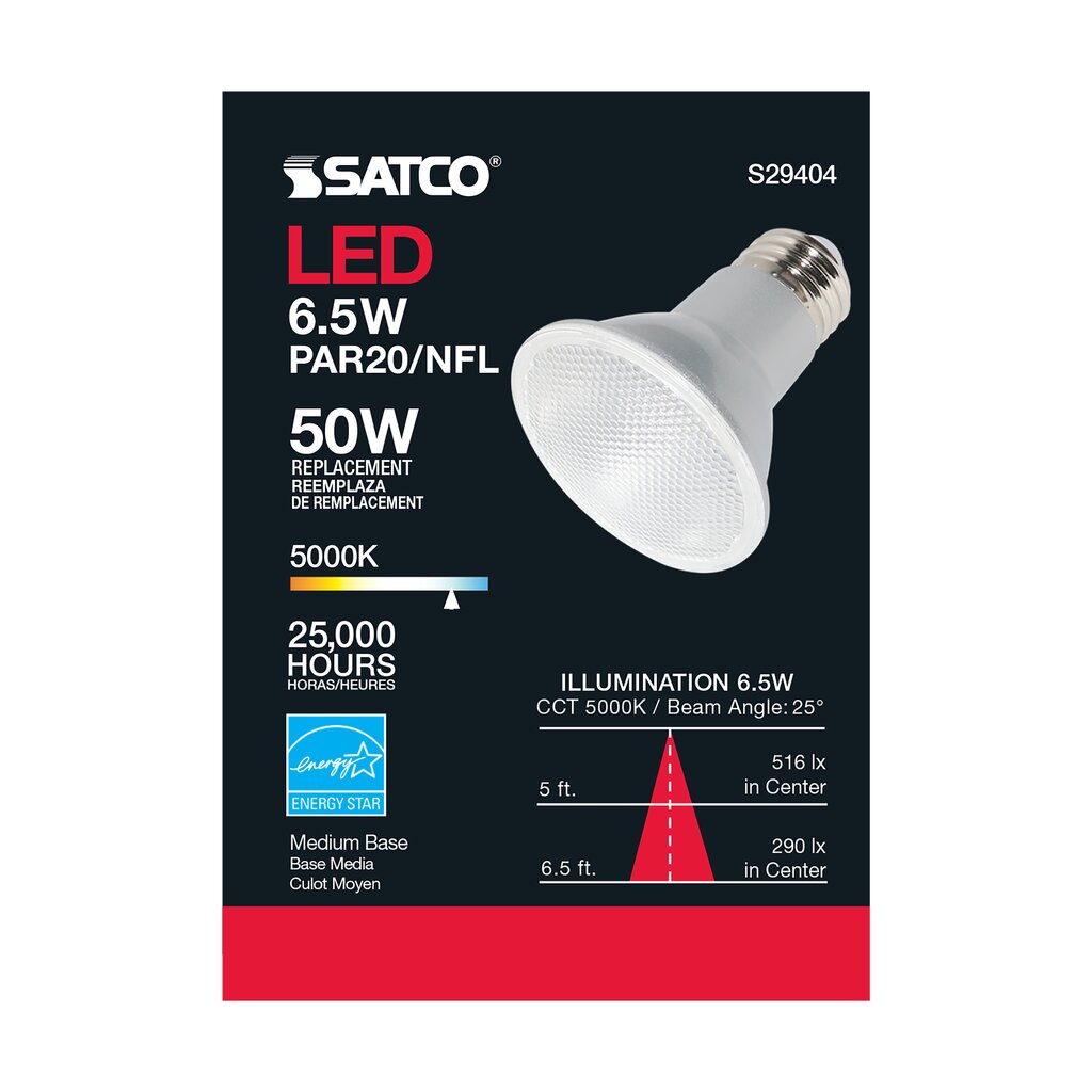 6 pack - Satco S29404 6.5W PAR20 LED Light Bulb