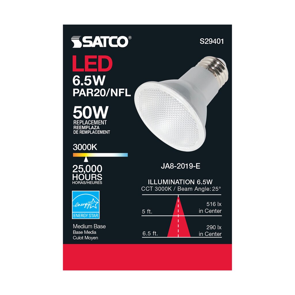 6 pack - Satco S29401 6.5W PAR20 LED Light Bulb