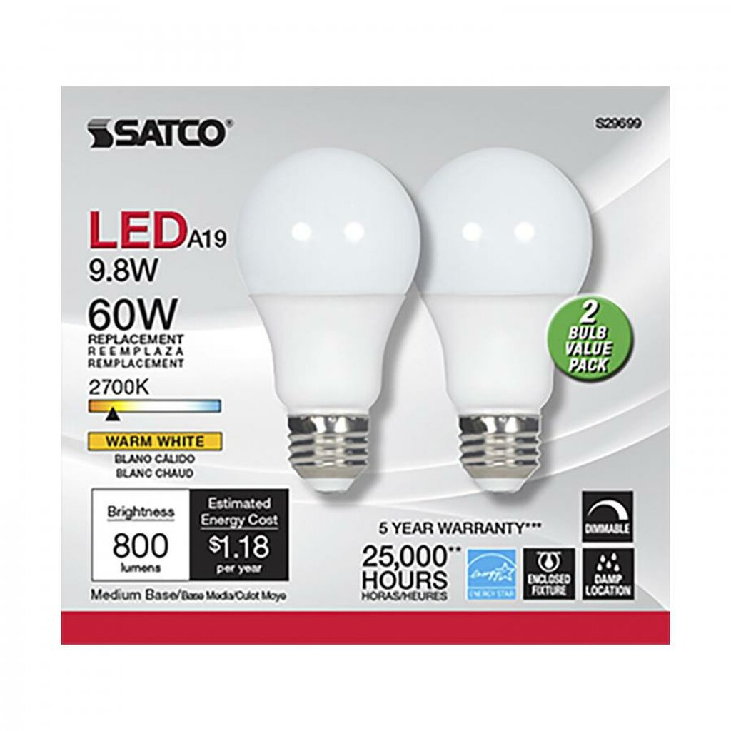 60 pack - Satco S29699 9.8W A19 LED Light Bulb