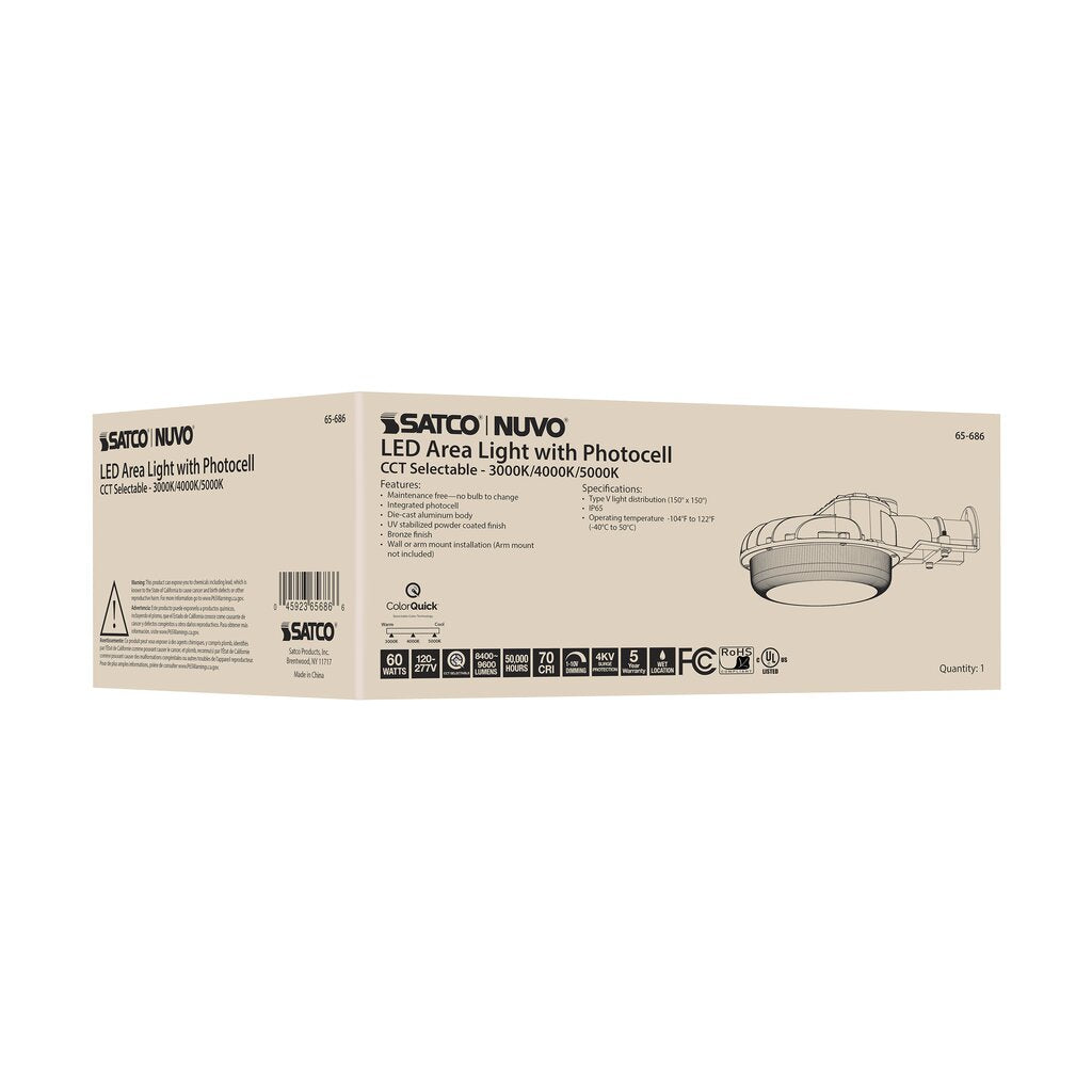 Satco 65-686 60W LED Fixture Area Light with Photocell; CCT Selectable