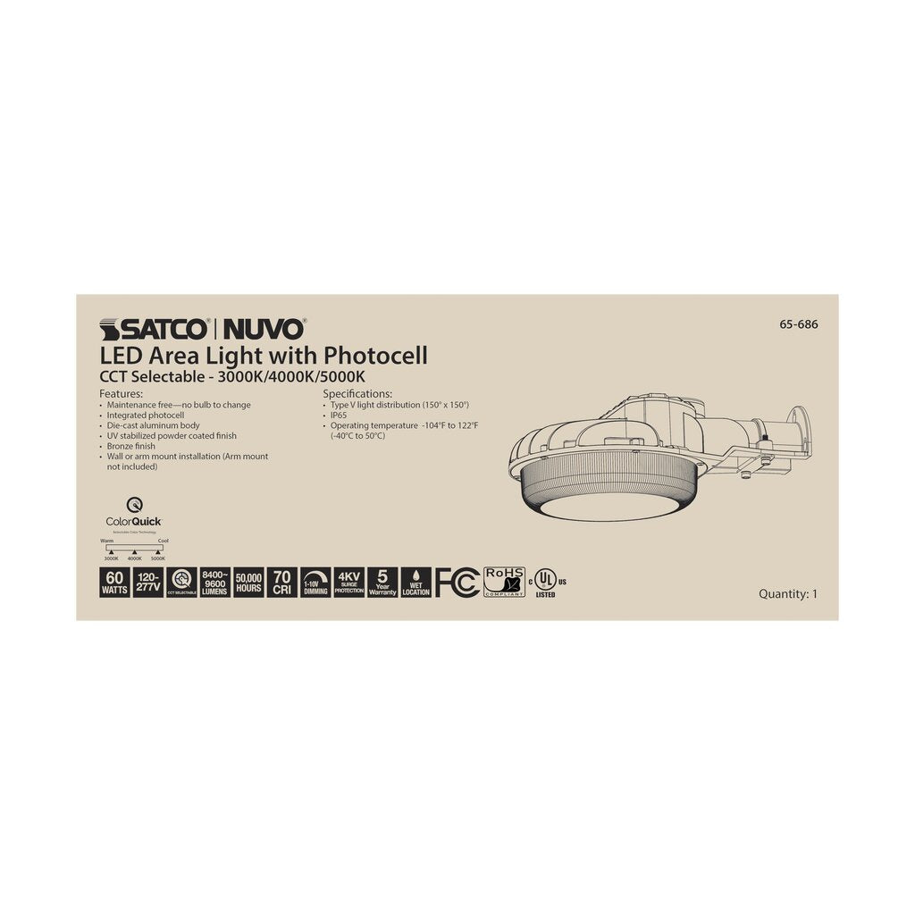 Satco 65-686 60W LED Fixture Area Light with Photocell; CCT Selectable