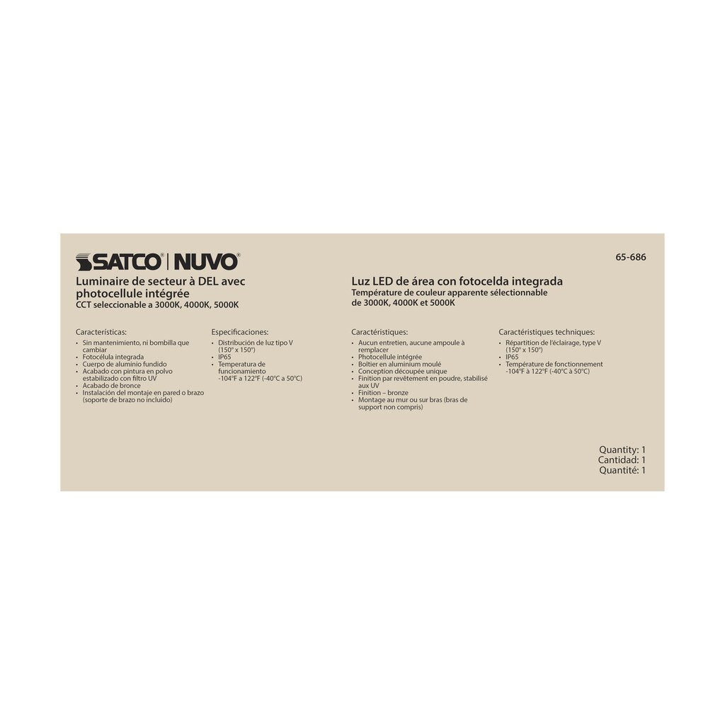 Satco 65-686 60W LED Fixture Area Light with Photocell; CCT Selectable
