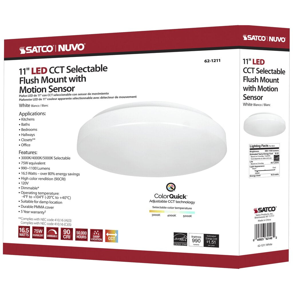 Satco 62-1211 16.5W LED Flush Mount Fixture 11 inch; Acrylic Round;