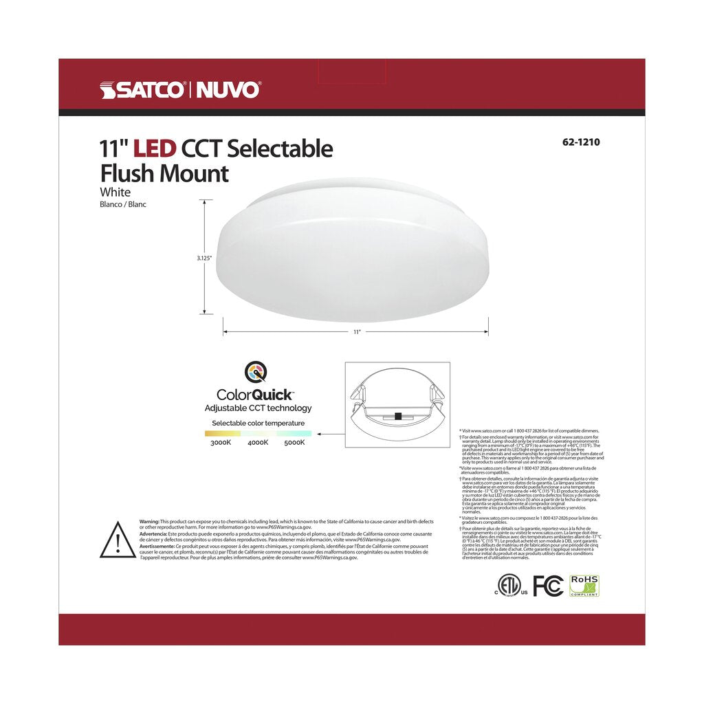 Satco 62-1210 16W LED Flush Mount Fixture 11 inch; Acrylic Round;